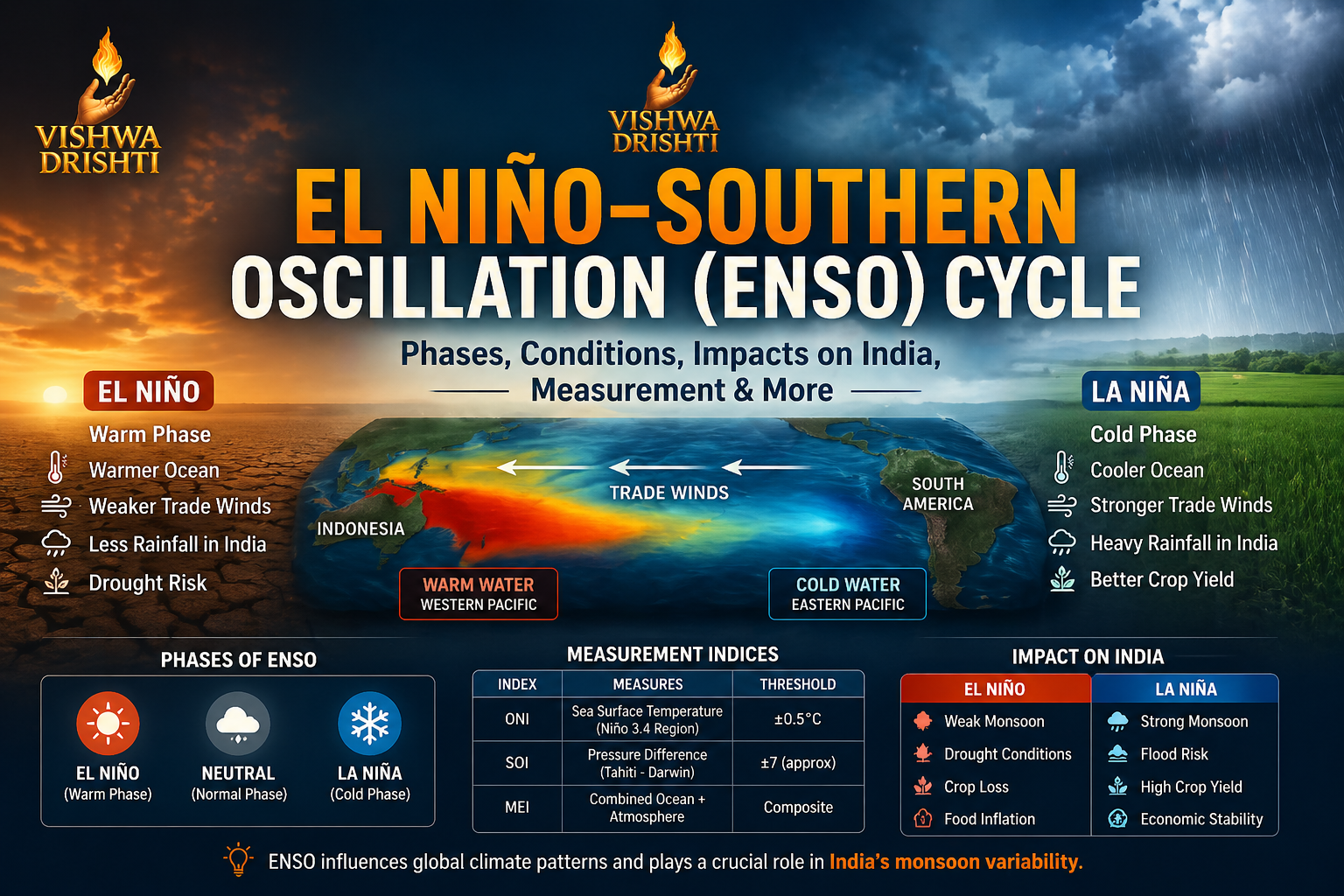 El Niño–Southern Oscillation (ENSO): Phases, Mechanism, Impacts & Measurement